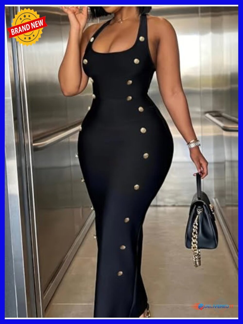 Gold Button Bodycon Maxi Dress Sleeveless Party Club Evening Dress - Picture 4 of 4
